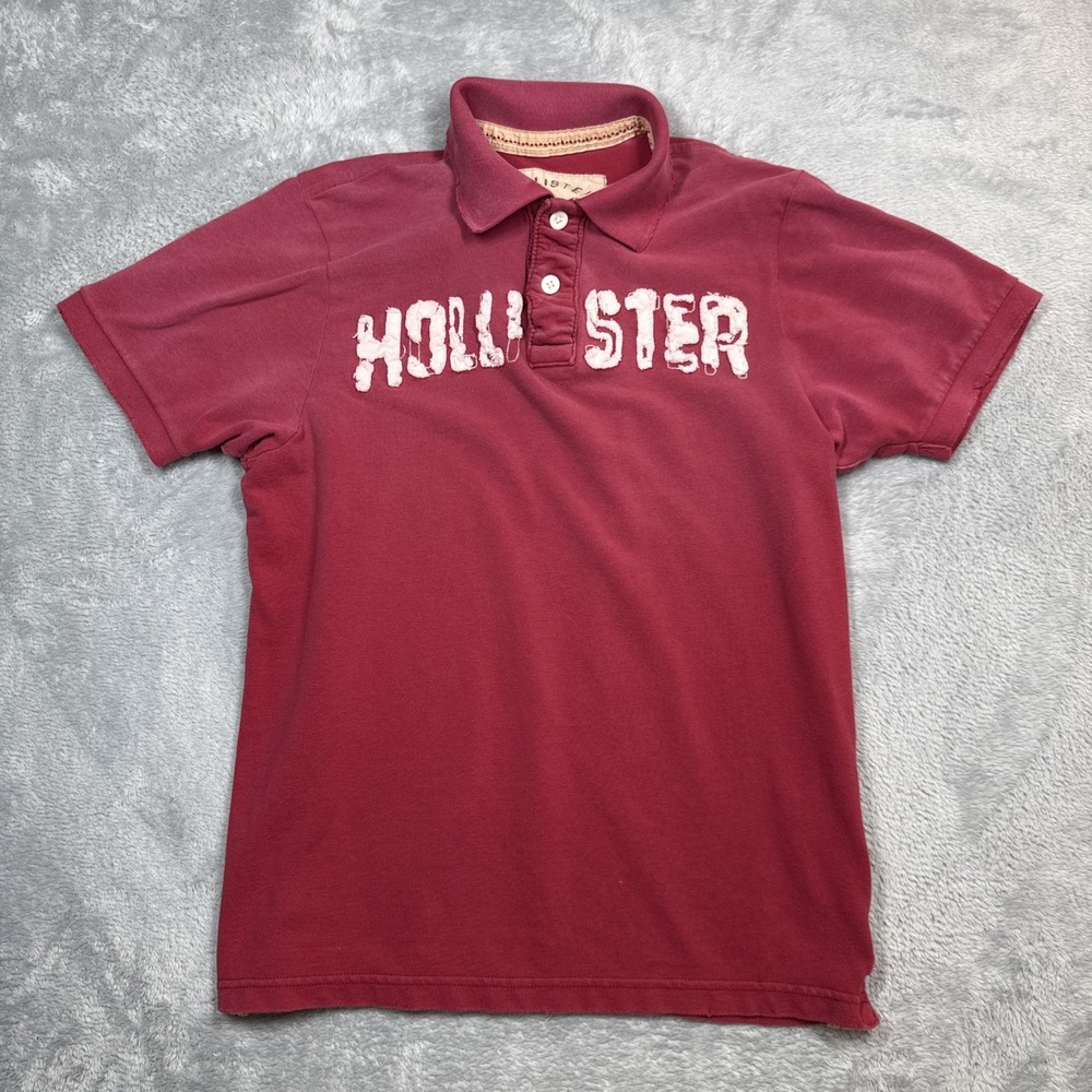 Hollister Polo Shirt Men XL Red Embroidered Spell Out Distressed Faded Y2K